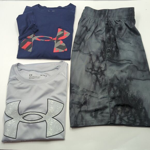 Other - Boys Under Armour Lot of 3 Medium 10/12 Long Short Sleeve Shirt Shorts Blue Gray